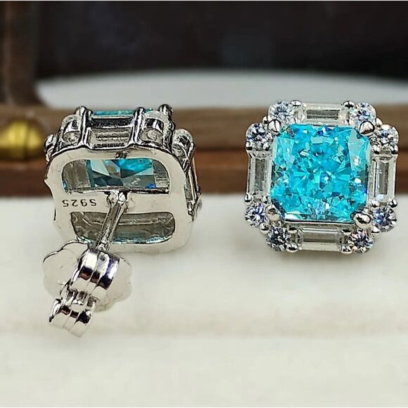 2.30CT Radiant Cut Crushed Ice Swiss Blue Topaz Stud Earrings in Sterling Silver - Picture 6 of 7
